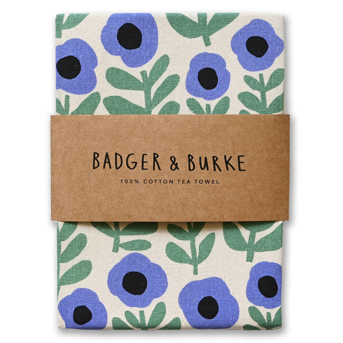 Folded natural cotton tea towel printed with periwinkle poppies and green leaves, Badger + Burke kraft band - PABOOM