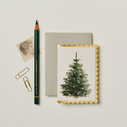 Christmas Tree mini card paired with a grey flecked envelope, styled with gift wrap