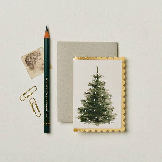 Christmas Tree mini card paired with a grey flecked envelope, styled with gift wrap
