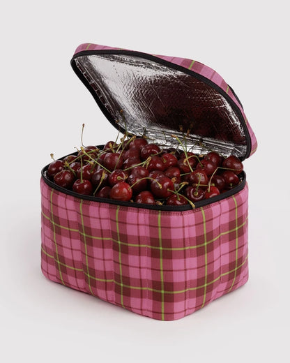 BAGGU Puffy Lunch Bag in azalea pink tartan shown open to reveal the interior