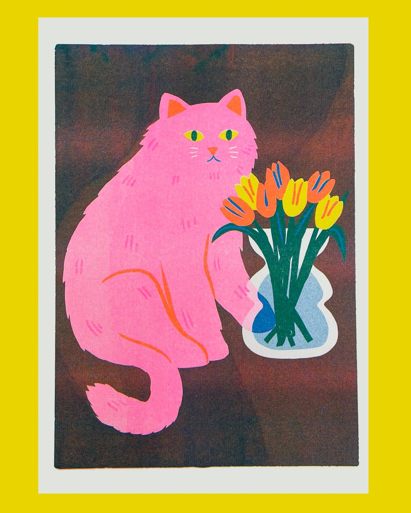Risograph print of a pink cat sniffing a vase of orange and yellow tulips on a dark background - PABOOM
