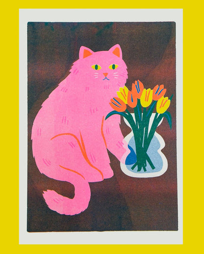 Risograph print of a pink cat sniffing a vase of orange and yellow tulips on a dark background - PABOOM