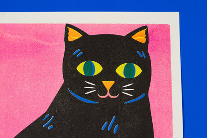 Black Cat risograph print shown unframed - PABOOM