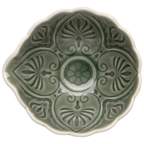 Sage green scalloped stoneware dish with an embossed floral medallion pattern - PABOOM