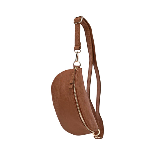 Camel grained leather belt bag, side view with strap