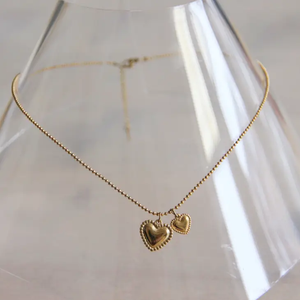 Gold Ballchain Necklace w/Double Heart, Stainless