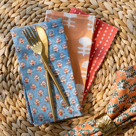 Gather napkin shown unfolded to display the terracotta stripe block print pattern - PABOOM