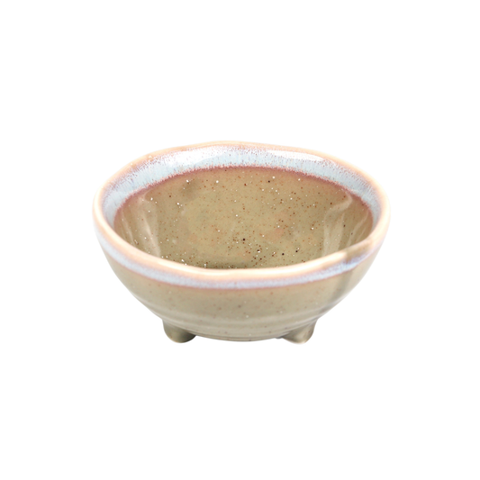 Round footed porcelain kozara dish with speckled glaze and frosted pink-blue rim - PABOOM