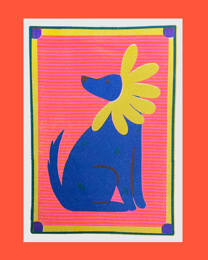 Risograph print of a blue Labrador wearing a yellow daisy collar on a pink striped background - PABOOM