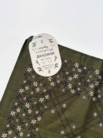 The Scrolling Floral bandana shown fully unfolded to display the full print