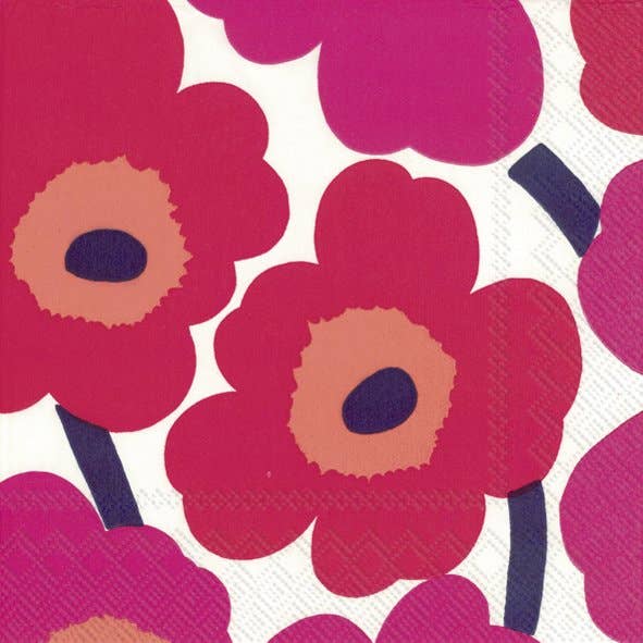 Marimekko UNIKKO cocktail napkin in red and magenta with peach-coral poppy centres