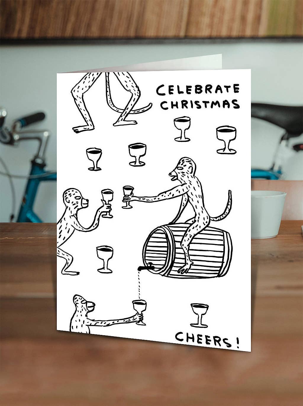 David Shrigley x Brainbox Candy Celebrate Monkeys Christmas card with neon yellow envelope - PABOOM
