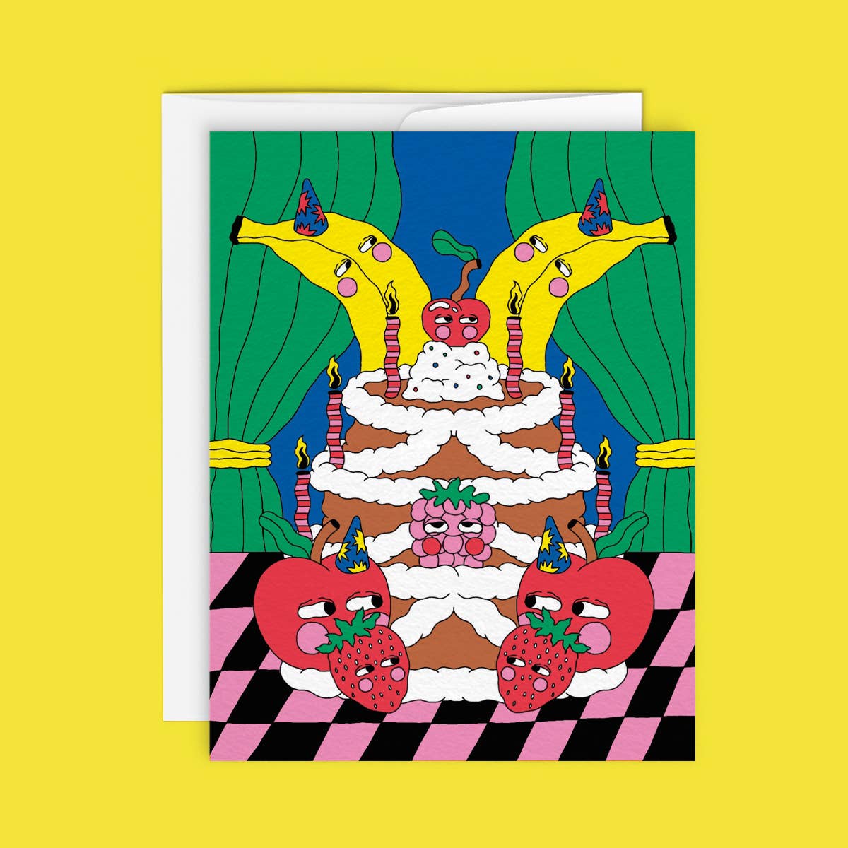 Symmetrical illustration of a layered cake with banana, cherry, and fruit characters in party hats