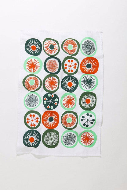 Retro Dot tea towel with mint green and orange sunburst dot pattern - PABOOM