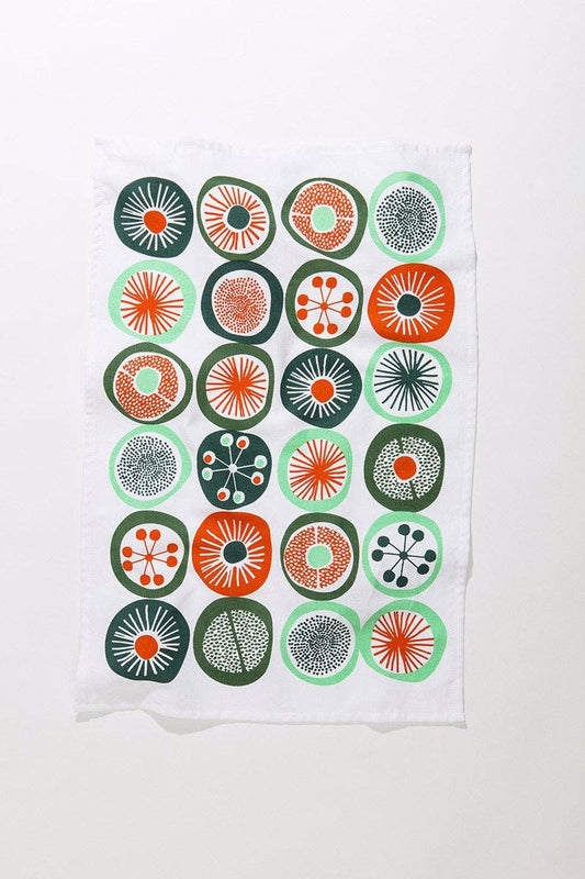 Retro Dot tea towel with mint green and orange sunburst dot pattern - PABOOM