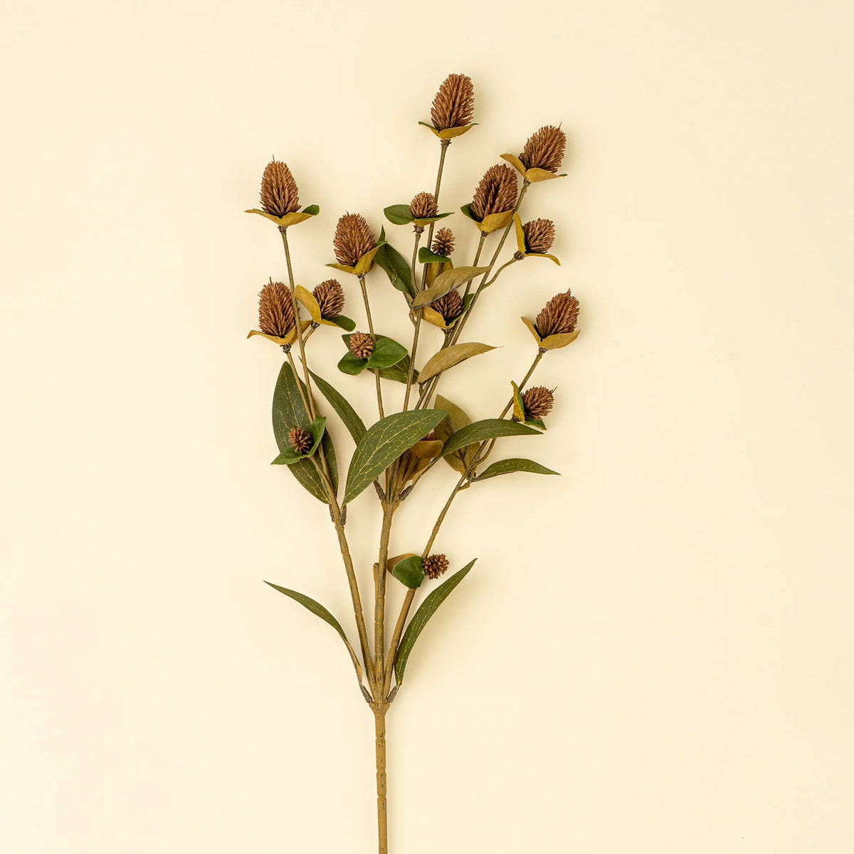 Faux globe amaranth spray with deep burgundy blooms and green leaves on a long stem - PABOOM