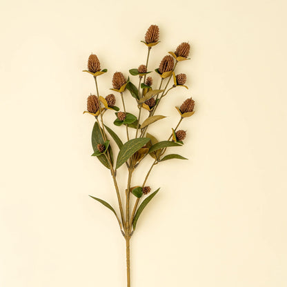 Faux globe amaranth spray with deep burgundy blooms and green leaves on a long stem - PABOOM