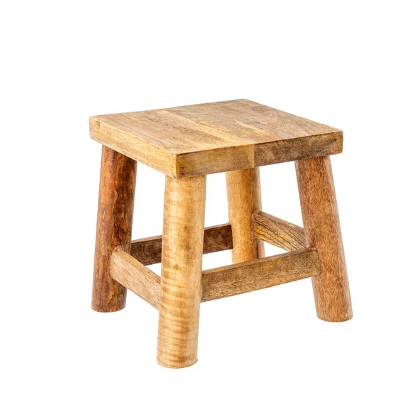 Small square mango wood stool with rounded legs and cross braces - PABOOM