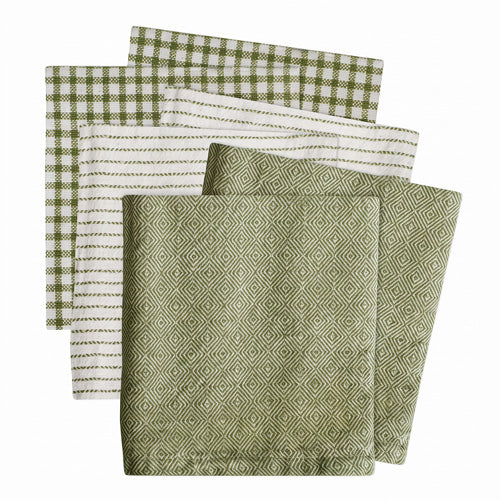 Six woven dishcloths in thyme green checks, stripes and herringbone - PABOOM
