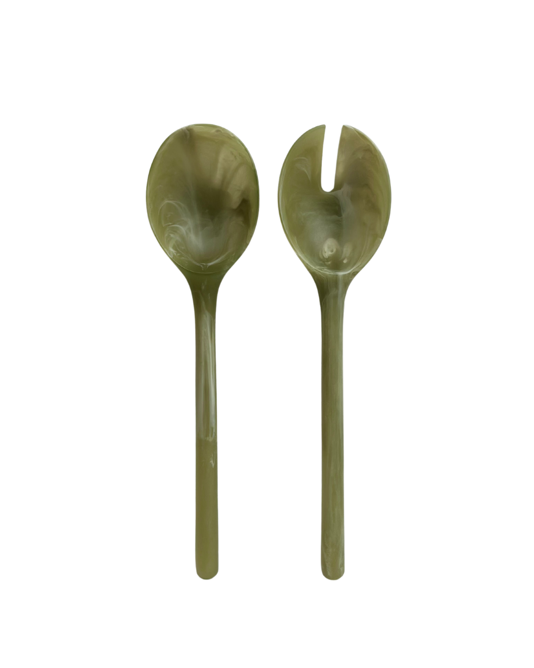 Close-up of olive resin salad servers showing swirled marble pattern