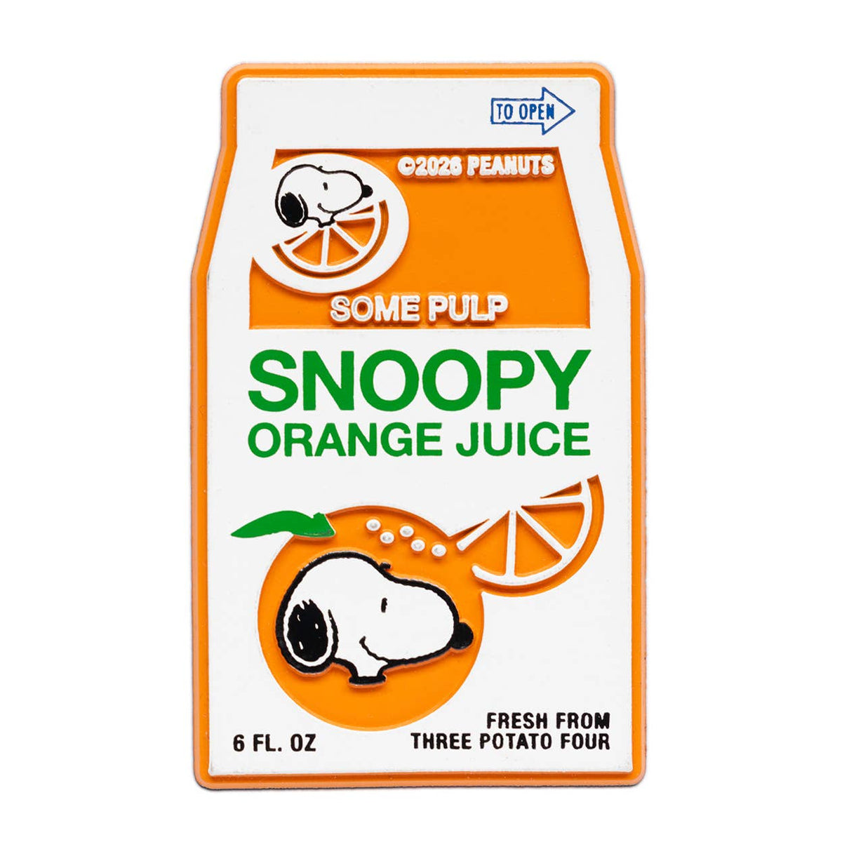 Molded rubber magnet shaped like a vintage orange juice carton featuring Snoopy, labelled 'Snoopy Orange Juice, Some Pulp.'