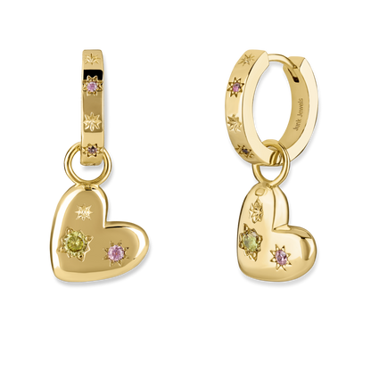 Pink and Green Floating Heart Hoop Earrings - Gold