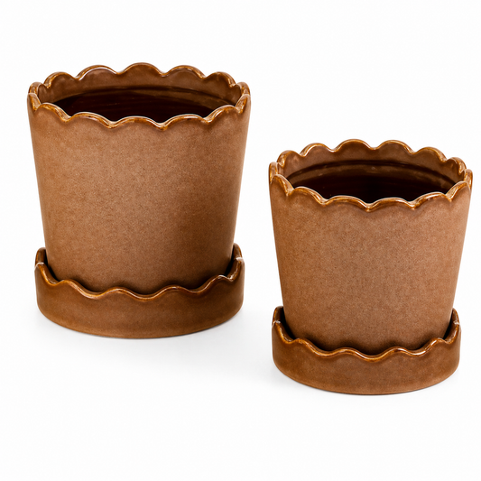 Scalloped Edged Planter And Saucer - Rosewood