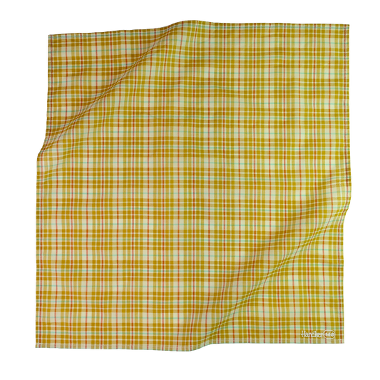 Marmee Bandana laid flat, showing the full gold, green, mauve and cream woven pattern