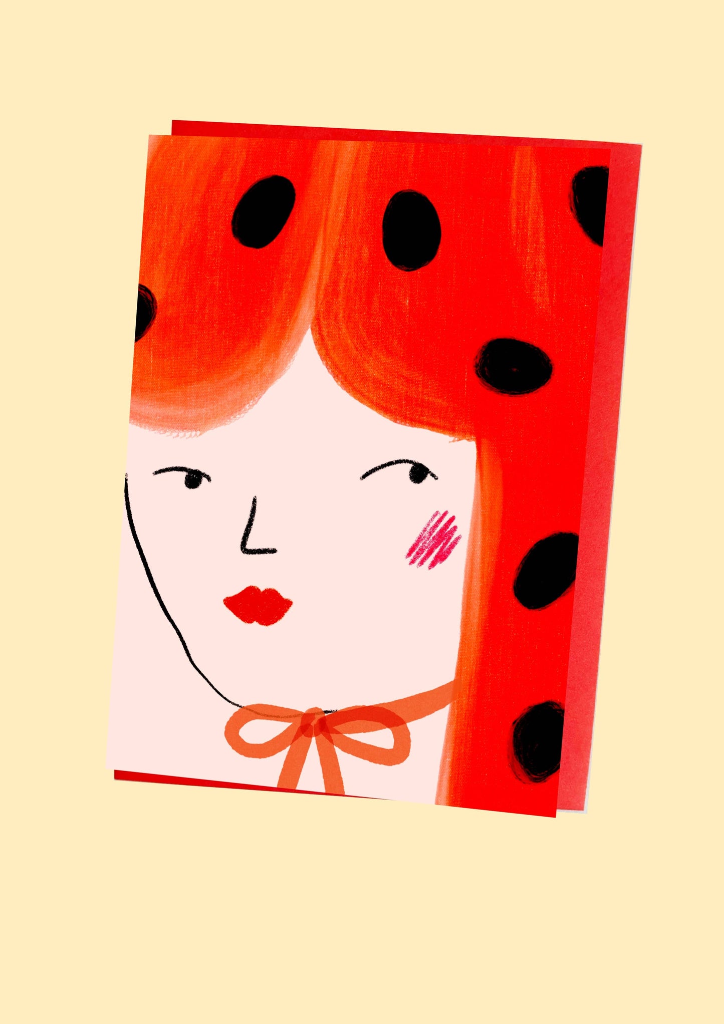 Kitty Kenda greeting card close-up portrait of a girl with ladybird-spotted red hair and a bow