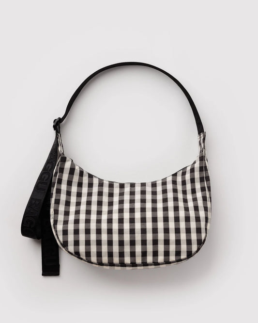 BAGGU Medium Nylon Crescent Bag - Black and Cream Gingham
