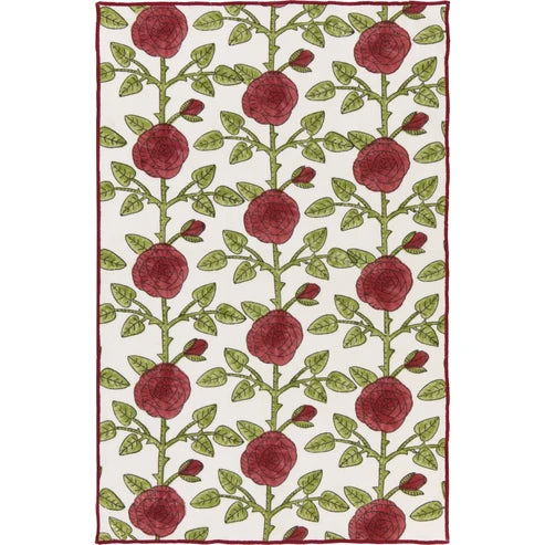 Cream cotton dishtowel block-printed with a burgundy climbing rose and thorn vine pattern - PABOOM