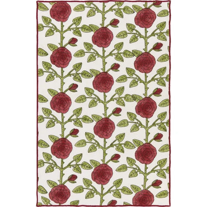 Cream cotton dishtowel block-printed with a burgundy climbing rose and thorn vine pattern - PABOOM