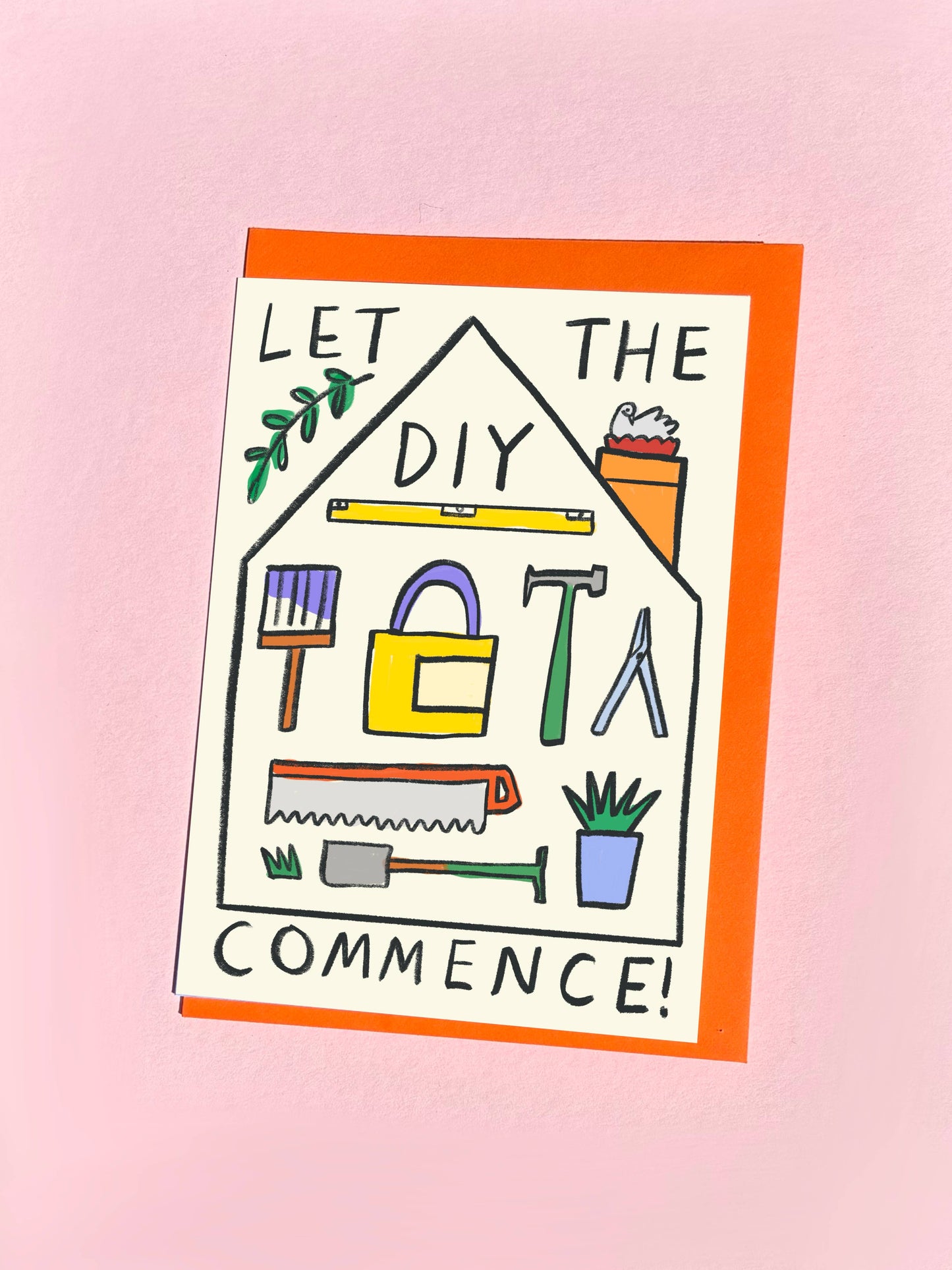 Kitty Kenda new home card illustrated as a house shape filled with DIY tools and "Let the DIY Commence!" text