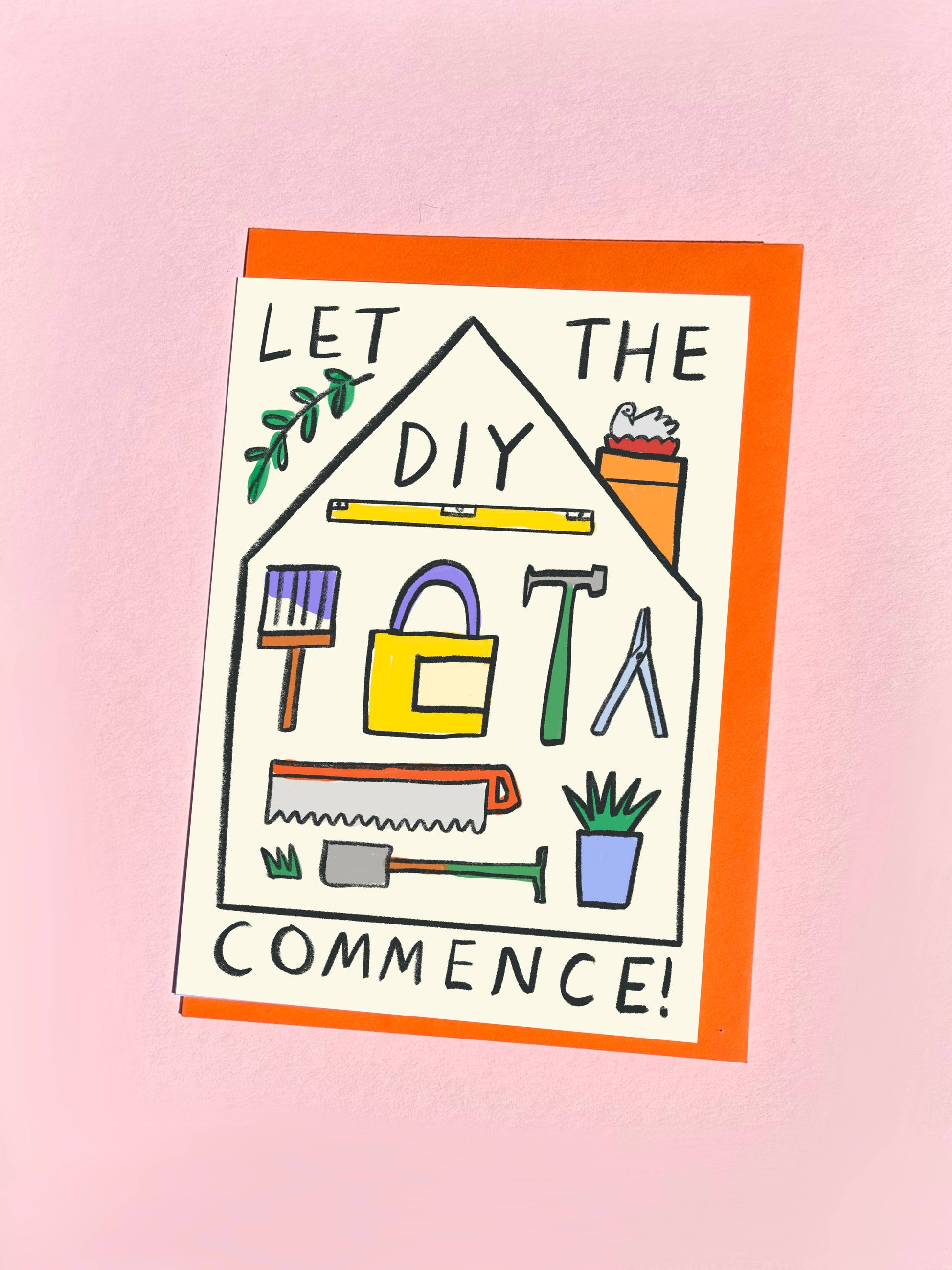 Kitty Kenda new home card illustrated as a house shape filled with DIY tools and "Let the DIY Commence!" text