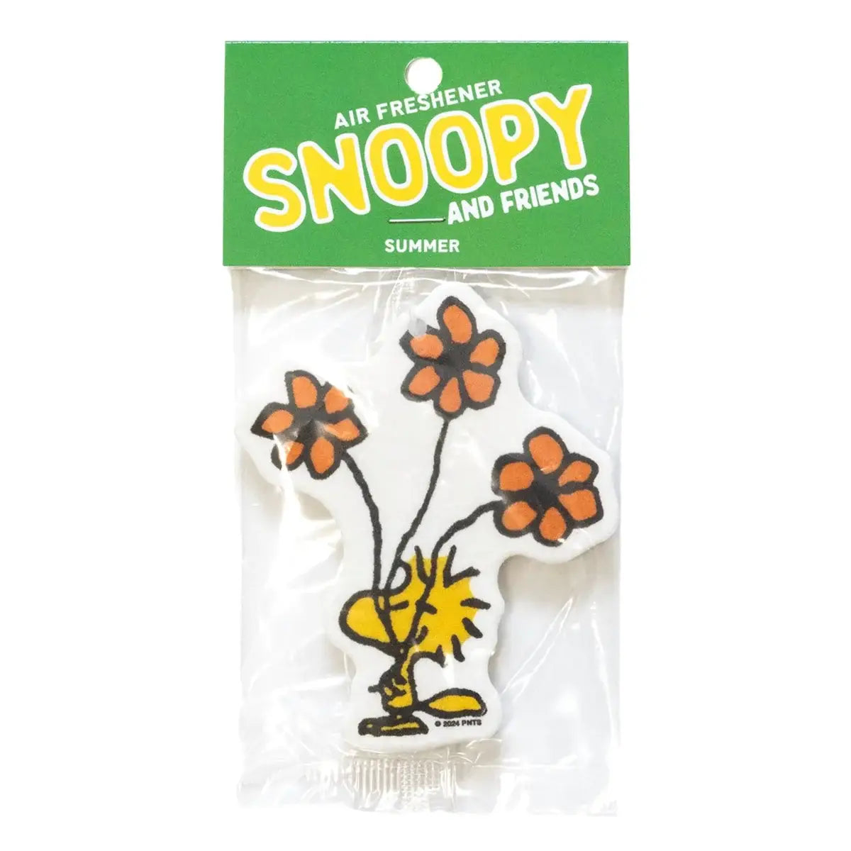 Woodstock-shaped air freshener with three orange flower blooms, packaged on a green 'Snoopy and Friends Summer' header card.