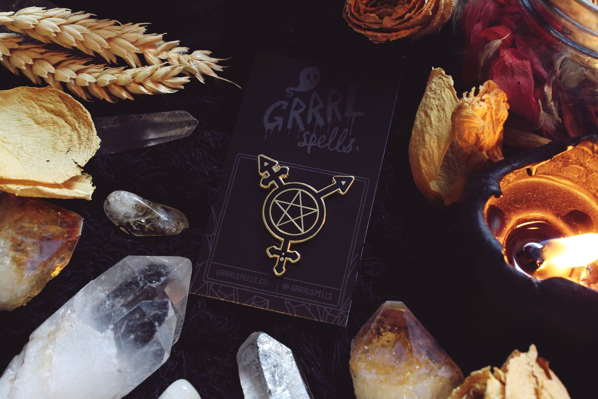 Trans Symbol Pentacle pin pinned to a jacket lapel