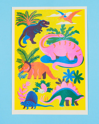 Risograph print featuring a T-rex, pterodactyl, stegosaurus and other dinosaurs on a yellow background - PABOOM