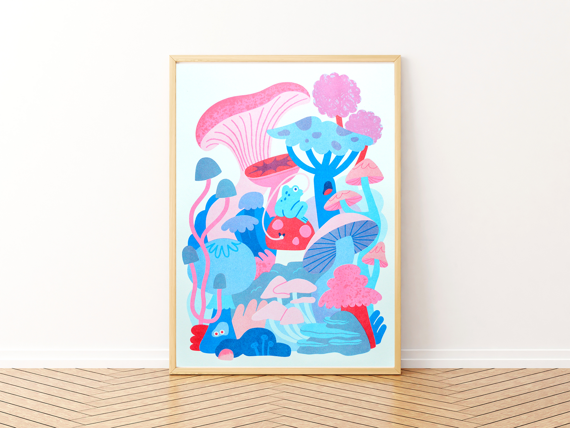 Froggy A3 Risograph Print — illustration of a blue frog sitting on a red spotted mushroom in a pastel mushroom forest