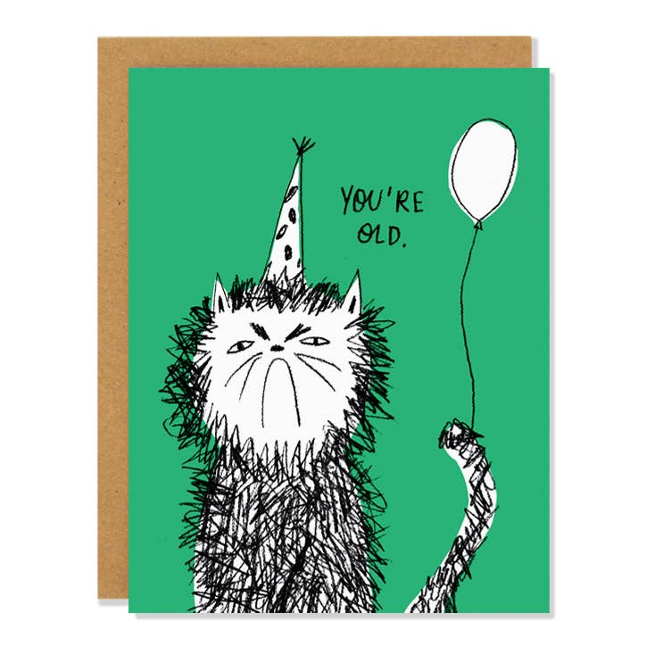 Green birthday card of a scribbly grumpy cat in a party hat holding a balloon with You're Old lettering - PABOOM