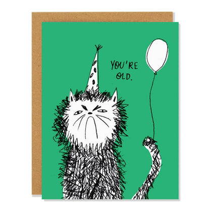 Green birthday card of a scribbly grumpy cat in a party hat holding a balloon with You're Old lettering - PABOOM