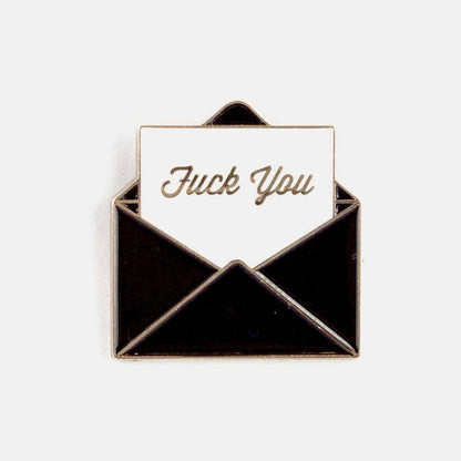 Close-up of Fuck You envelope pin enamel finish - PABOOM