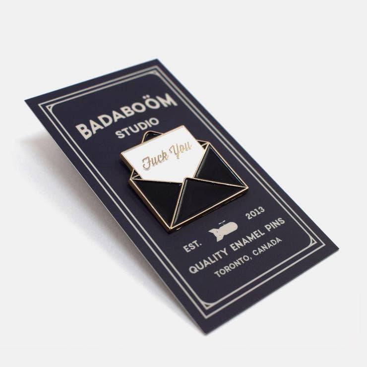 Back view of Fuck You envelope pin showing rubber clutch backing - PABOOM