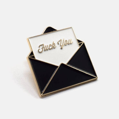 Black and gold enamel pin shaped like an envelope with a note reading Fuck You - PABOOM