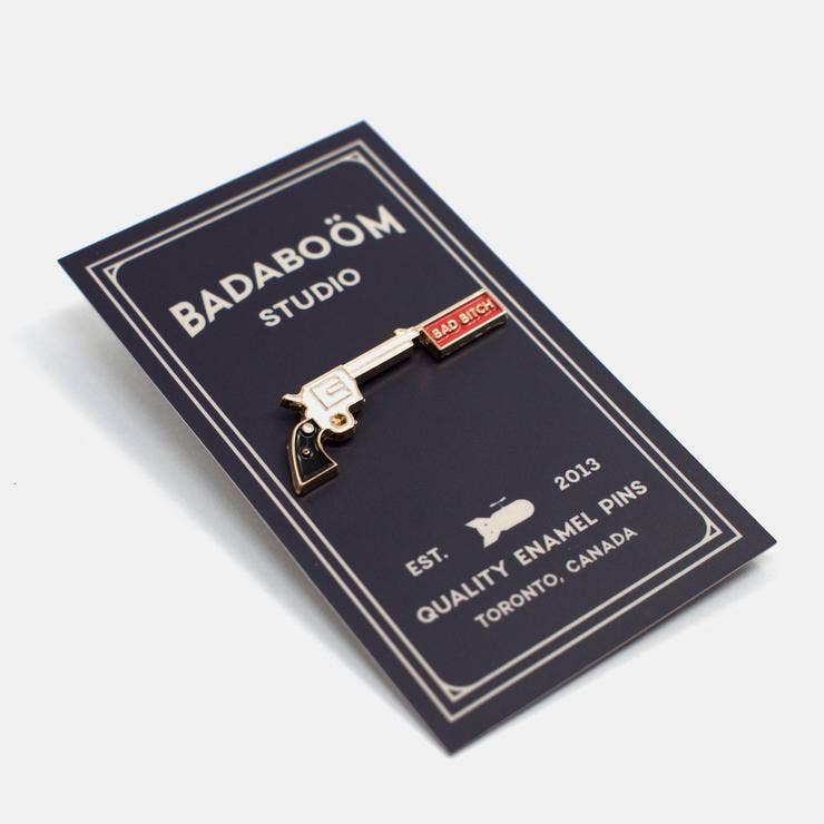 Close-up detail of Bad Bitch Pin enamel finish and lettering - PABOOM