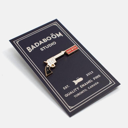 Close-up detail of Bad Bitch Pin enamel finish and lettering - PABOOM