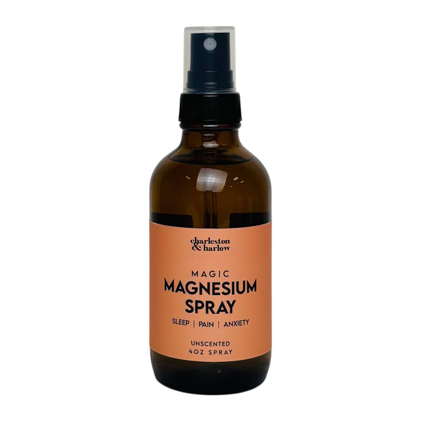Charleston & Harlow Magic Magnesium Spray in amber glass bottle with tan label, Unscented