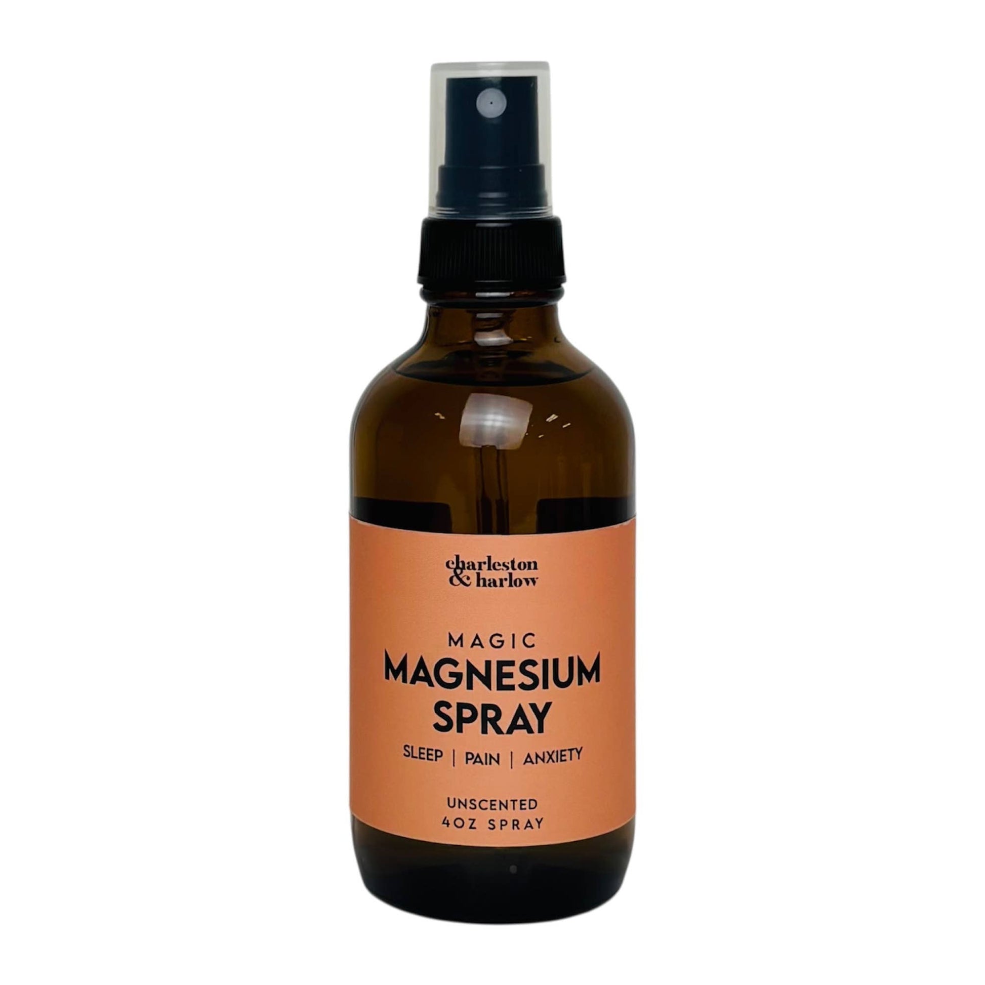 Charleston & Harlow Magic Magnesium Spray in amber glass bottle with tan label, Unscented
