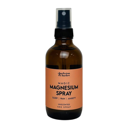 Charleston & Harlow Magic Magnesium Spray in amber glass bottle with tan label, Unscented