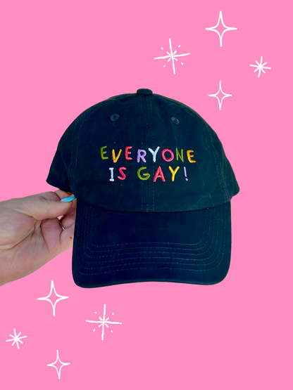 Black denim baseball cap with colorful embroidered text reading Everyone is gay!