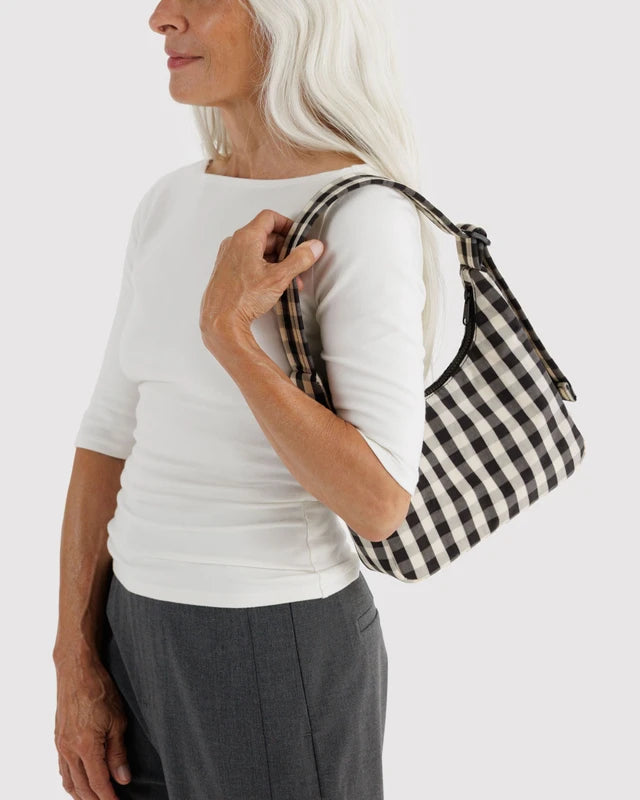 BAGGU Mini Nylon Shoulder Bag Black and Cream Gingham interior pocket detail - PABOOM